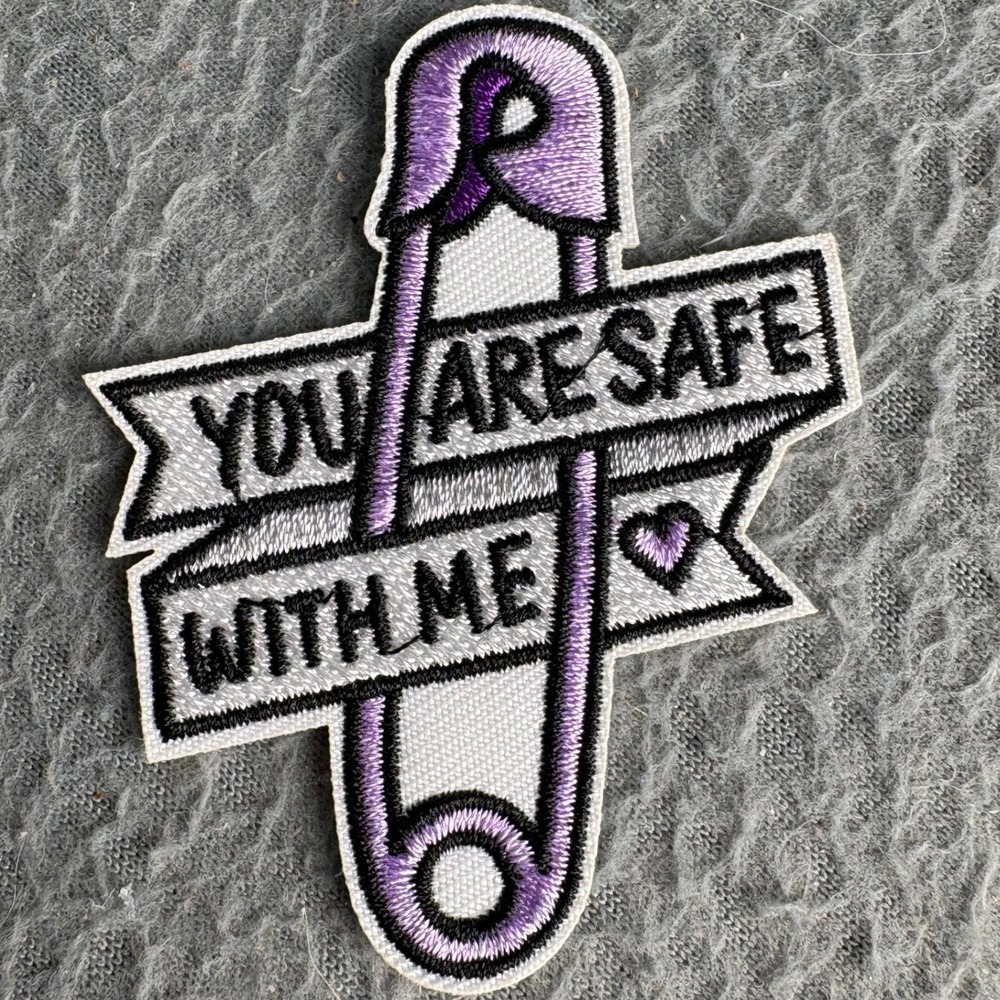 You Are Safe With Me Safety Pin Embroidered Patch Purple White Sew On Applique